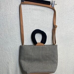 Striped Black & Cream Crossbody Bag with Tan Strap